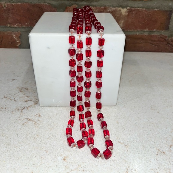 Jewelry - Vintage  Deco Necklace Glass Red Cube Beads Hand Tied bohemian